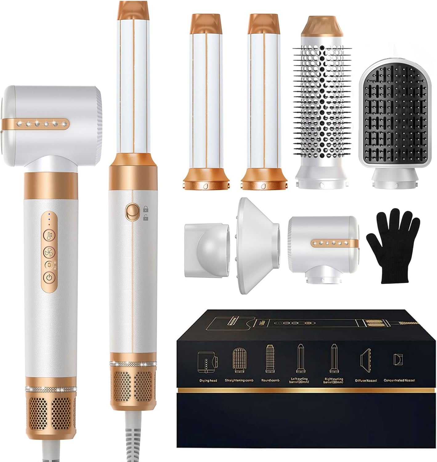 7-in-1 Hair Dryer Brush Set with Diffuser & Concentrator - Professional Ionic Hot Air Styler with Auto-Wrap Curler for Straight, Wavy & Curly Hair, Includes Storage Case