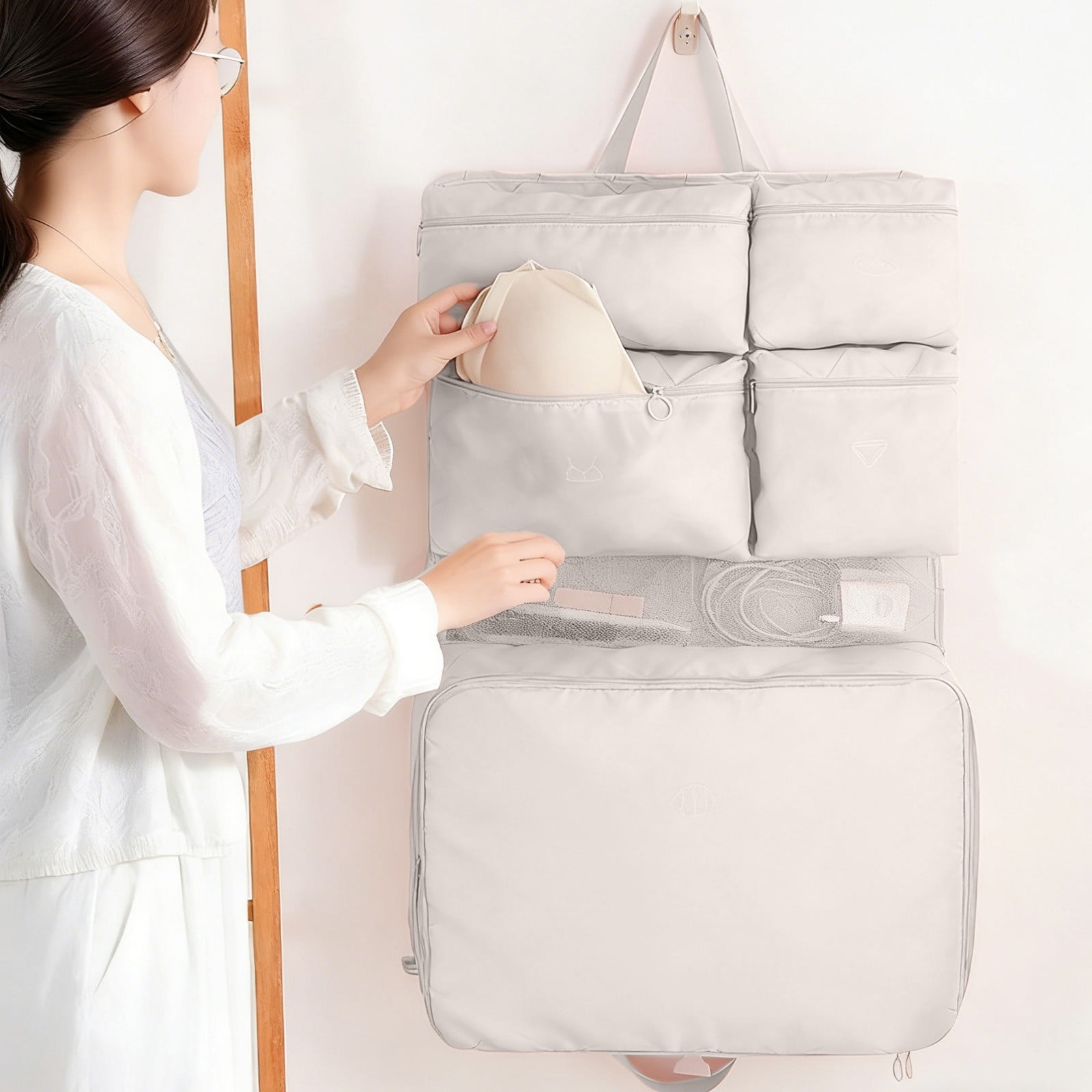 7-in-1 Hanging Travel Storage Bag Large Capacity Clothes Organizer for Underwear Toiletries Shoes - Foldable Portable Packing Cube for Suitcase Carry On Luggage - Closet Organizer for Home or Hotel