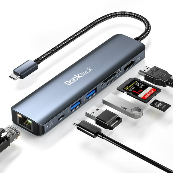 7-in-1 Hub for Laptop, Dockteck USB C  Multiport Expand Hub, USB C to 4K 60Hz HDMI, 1Gbps Ethernet, 100W PD, 2 USB 3.0, SD/Micro SD Ports for MacBook Pro, iPad Pro, Surface Pro