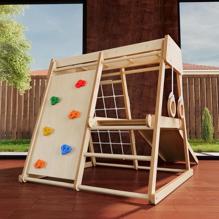 TEXBM 7-in-1 Solid Wood Indoor Climber Set for Toddlers Ages 1-4 – Climber with Dual Slides, Climbing Net, Monkey Bars, Rope Ladder