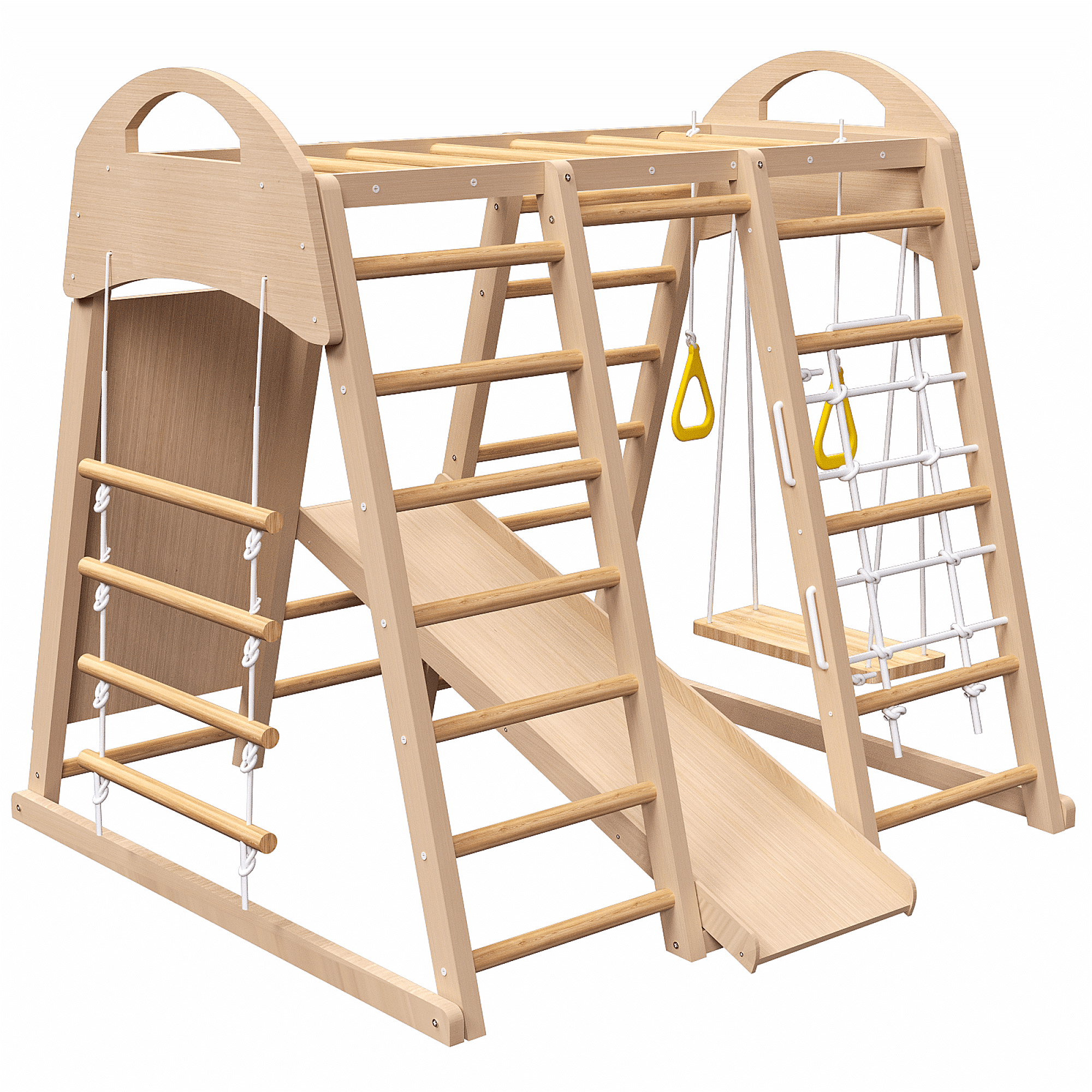 7-in-1 Indoor Jungle Gym, Indoor Playground for Kids,Wooden Montessori Climber Playset withfor Slide, Climbing Wall, Rope Wall Climber, Monkey Bars, Swing