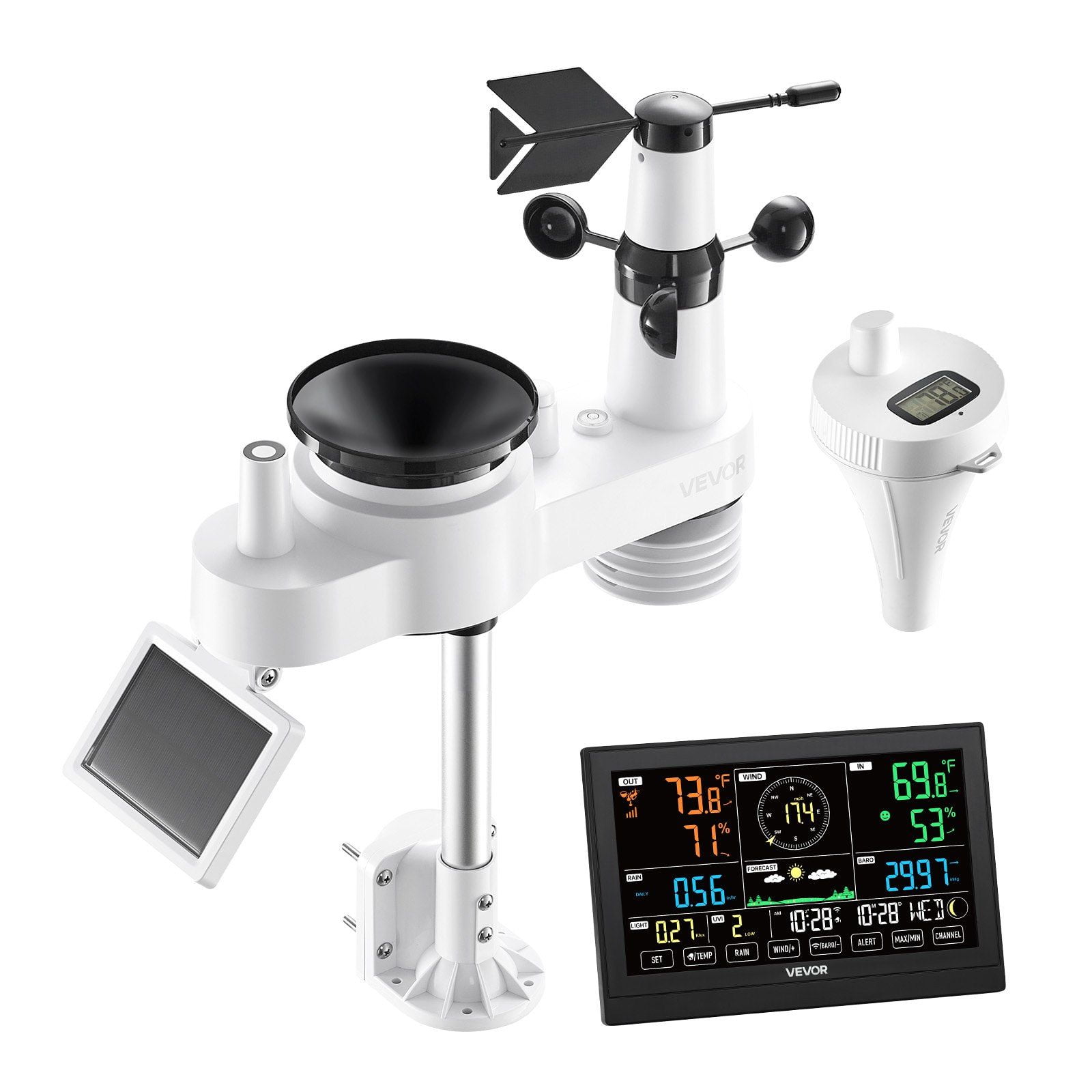 7-in-1 Indoor/Outdoor Weather Station, Wireless Solar Powered with APP, Pool Thermometer & Rain Gauge