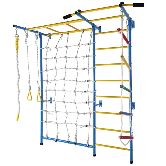 7 in 1 Indoor Playground Laddeer Wall Gym With Monkey Bars, Rope Ladder, Rope Wall, Pull-up Bar, Wall Ladder, Rope, And Gymnastic Rings