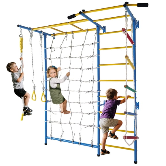 7 in 1 Indoor Playground Laddeer Wall Gym With Monkey Bars,Rope Ladder,Rope Wall, Pull-up Bar, Wall Ladder, Rope, And Gymnastic Rings