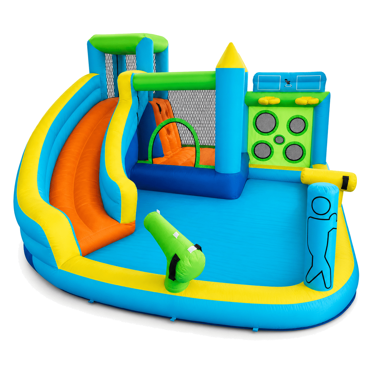 7-in-1 Inflatable Bounce House with Water Slide & 480W Blower, Kids Bouncy Castle with Climbing Wall, Water Gun, Splash Pool, Jumping Area & Basketball Hoop for Indoor and Outdoor Backyard Use