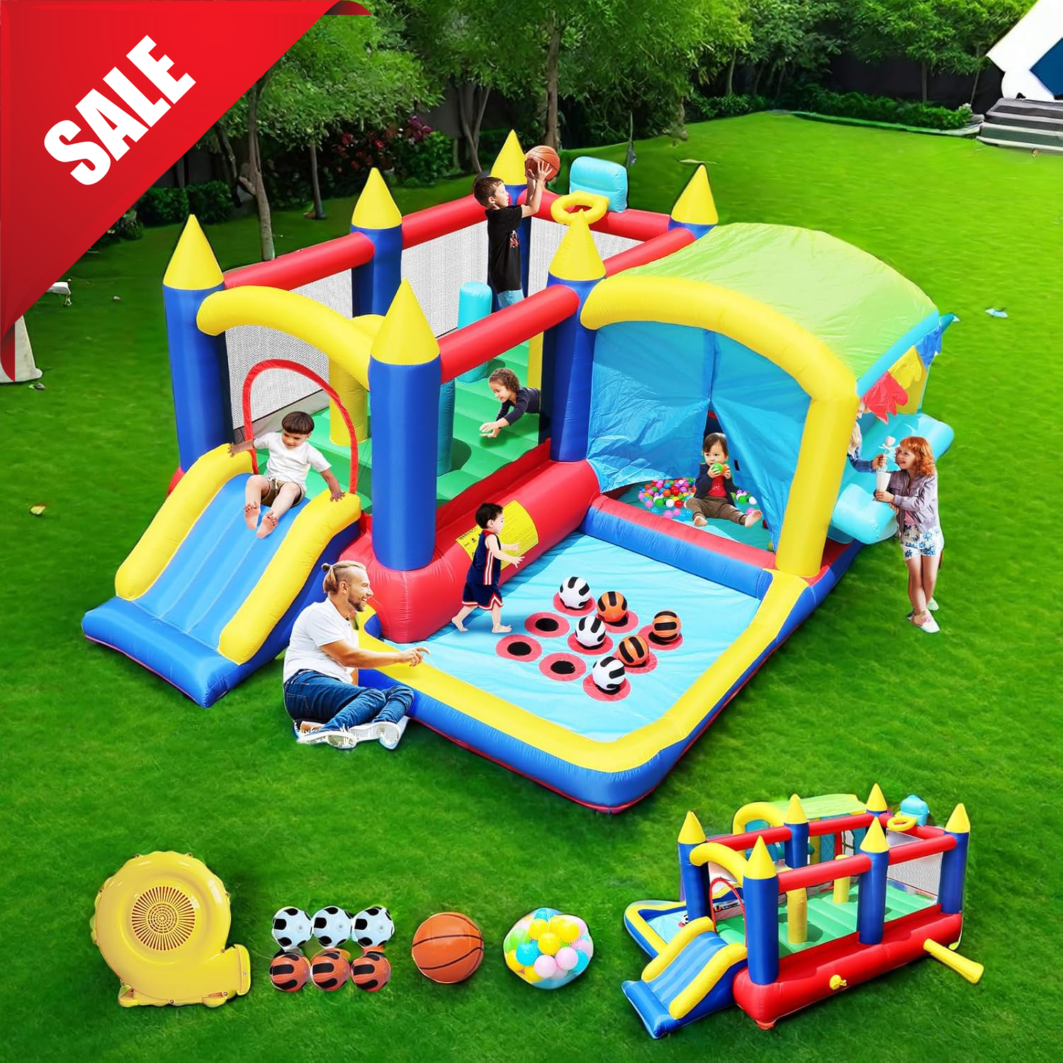 HNH Inflatable Bounce House with Blower for Kids, Child Jumping Castle with Ball, 161"x126"x73"