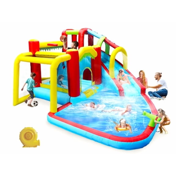 7-in-1 Inflatable Water Park Slide with Basketball, Soccer, Splash Pool, Climbing Wall