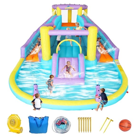 Anypool 7-in-1 Inflatable Water Slide Bounce House with 3 Slides, Splash Pool, Climbing Wall, Water Gun, Basketball, Outdoor Party, 168 x 150 x 78 inches