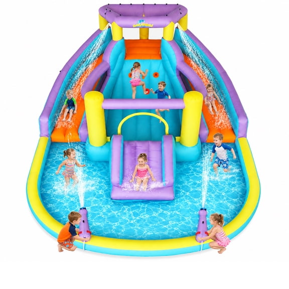 Anypool 7-in-1 Inflatable Water Slide Bounce House with 3 Slides, Splash Pool, Climbing Wall, Water Gun, Basketball, Outdoor Party, 168 x 150 x 78 inches