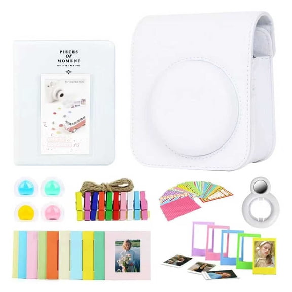 7-in-1 Instant Camera Accessories Set for Fujifilm Instax Mini 12, PU Camera Bag Photo Album Frames Stickers Selfie Mirror (White)
