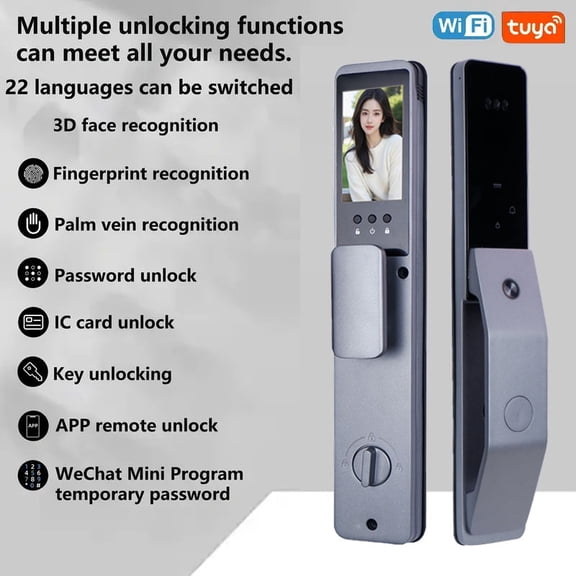 7-in-1 Keyless Smart Lock with Facial Recognition & Built-in Camera  Supports Palm Vein, Fingerprint, Keypad, App, Voice  Weatherproof Digital Deadbolt for Home Securit