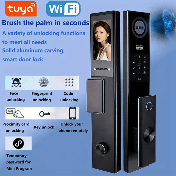7-in-1 Keyless Smart Lock with Facial Recognition & Built-in Camera  Supports Palm Vein, Fingerprint, Keypad, App, Voice  Weatherproof Digital Deadbolt for Home Securit