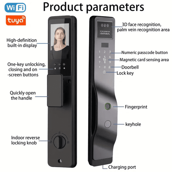 7-in-1 Keyless Smart Lock with Facial Recognition & Built-in Camera Supports Palm Vein, Fingerprint, Keypad, App, Voice Weatherproof Digital Deadbolt for Home Securit