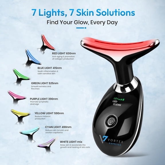 7-in-1 LED Face & Neck Massager  Skin Firming, Anti-Aging, Vibration & Heat Facial Tool for Home Use  Red & Blue Light Therapy  Model ES-1081