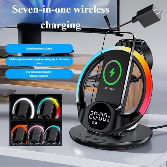 7-in-1 LED Wireless Charging Station, Charger Stand for Apple Samsung Devices, for iPhone 17 16 15 Or Samsung Watch Airpods, Wireless Charger iPhone Samsung Charging Station with Alarm Clock