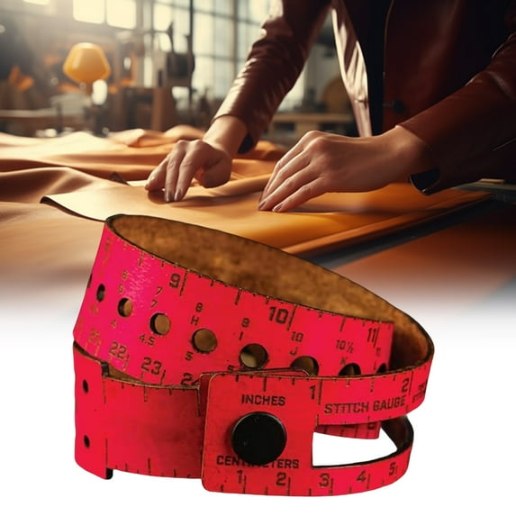7-in-1 Leather Measuring Tool, Knitting Wrist Ruler Leather Stitch Wrap, Multiple Knitting Sewing Tools, Stitch Markers Storage Gift for Crafter Crocheter Red