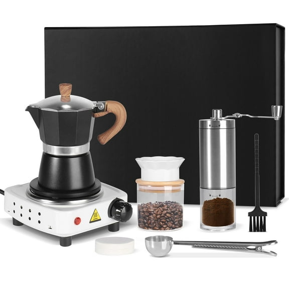 7-in-1 Moka Pot Espresso Set, Stovetop Coffee Maker with Hand Grinder, Electric Stove, Spoon, Sealing Canister, Suitable for Holiday Gifts, Travel, Family Gatherings