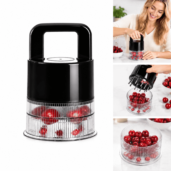7-in-1 Multi Cherry Pitter Tool, Handheld Portable Quick Pit Remover with 1.4" Jumbo Slots, Clear Anti-Splash Container for Cherries, Olives and Dates