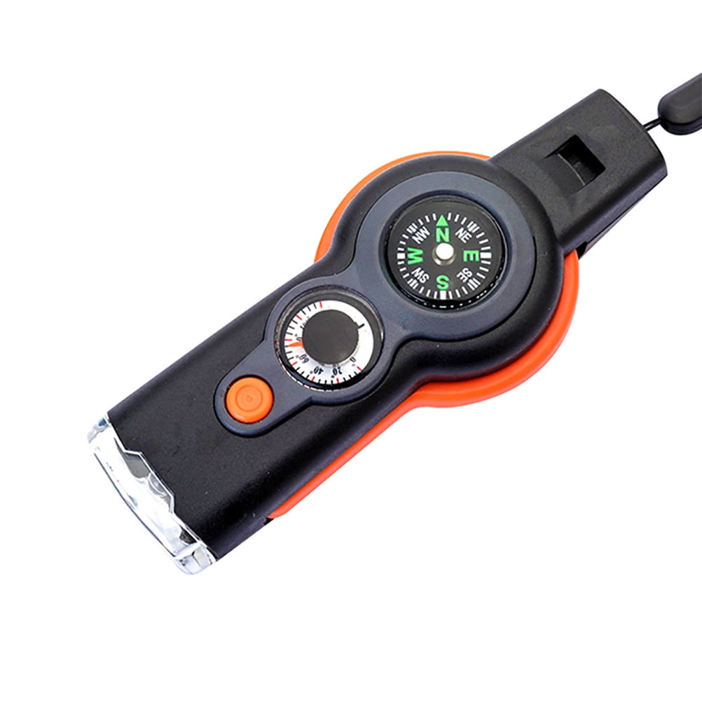 7 in 1 Multi Function Outdoor Whistle Compass Thermometer LED Light Mirror Magnifying Glass Outdoor Survival Tool