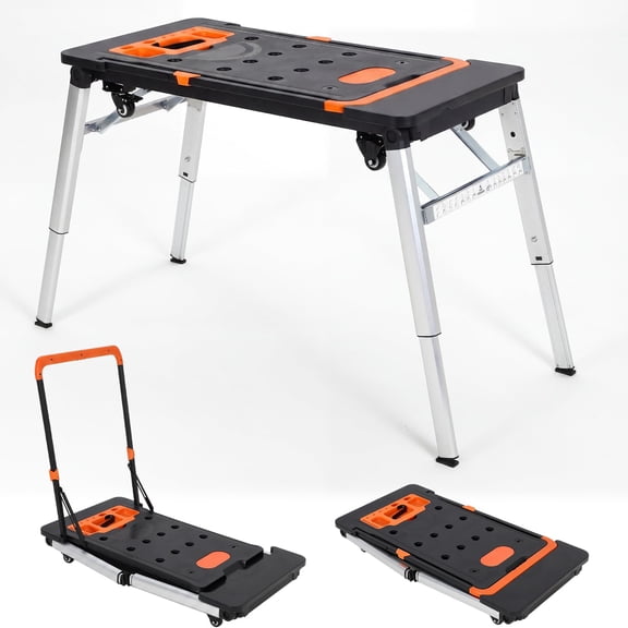 7-in-1 Multifunctional Folding Workbench & Work Table with Wheels, Portable Workstation Converts to Sawhorse, Low Work Platform, Dolly & Hand Truck for Garage, Jobsite, Woodworking & DIY