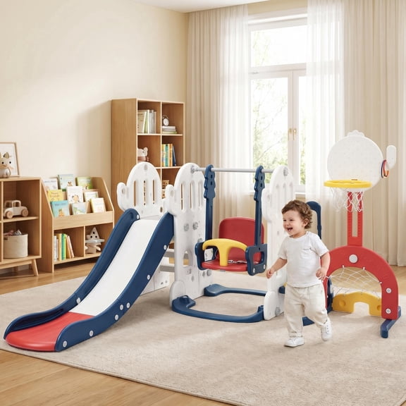 7-in-1 Multifunctional Playground Set – Extra-Long Slide, Adjustable Swing, Basketball, Climber, Ring Toss, Soccer & Golf for Indoor & Outdoor Use, Ages 1–8
