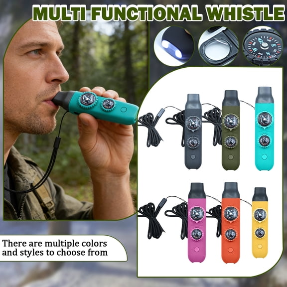 7-in-1 Outdoor Emergency Whistle with Compass and LED Lighting for Snowstorm Survival Portable Winter Safety Tool for Backpacking and Cold Weather Hiking, Cyan