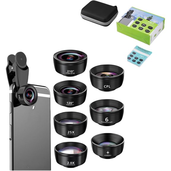 7-in-1 Phone Camera Lens Kit 210 Fisheye Lens, 120 Wide Angle 20X Macro for iPhone, Samsung & Android Smartphones HD Optical Glass, Universal Clip, Portable Case (Black) (7 in 1)