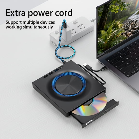 7in1 Portable External CD DVD Burner Reader, USB3.0 Hub Optical Drive for Laptop Desktop, Comes with CD Storage Bag