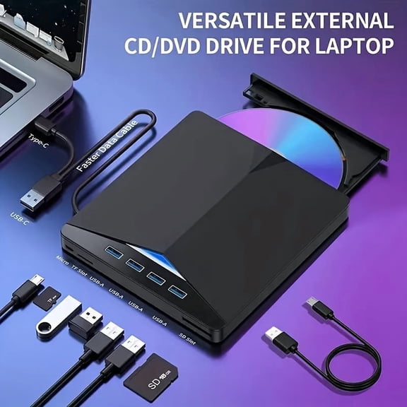 7-in-1 Portable USB External DVD Drive for Laptop, USB C/Micro USB, Windows/Mac OS Compatible