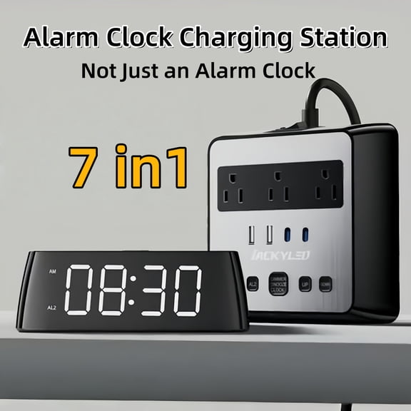 7-in-1 Power Strip w/ Alarm Clock, 3 AC Outlets, 4 USB Ports, 5ft Flat Plug, Dimmable Digital Clock, Snooze, Desktop Charging