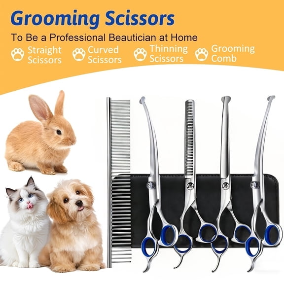 7-in-1 Professional Pet Grooming Scissors Set, Stainless Steel & Titanium Coated for Dogs & Cats, Includes Straight, Thinning, Curved Scissors & Comb
