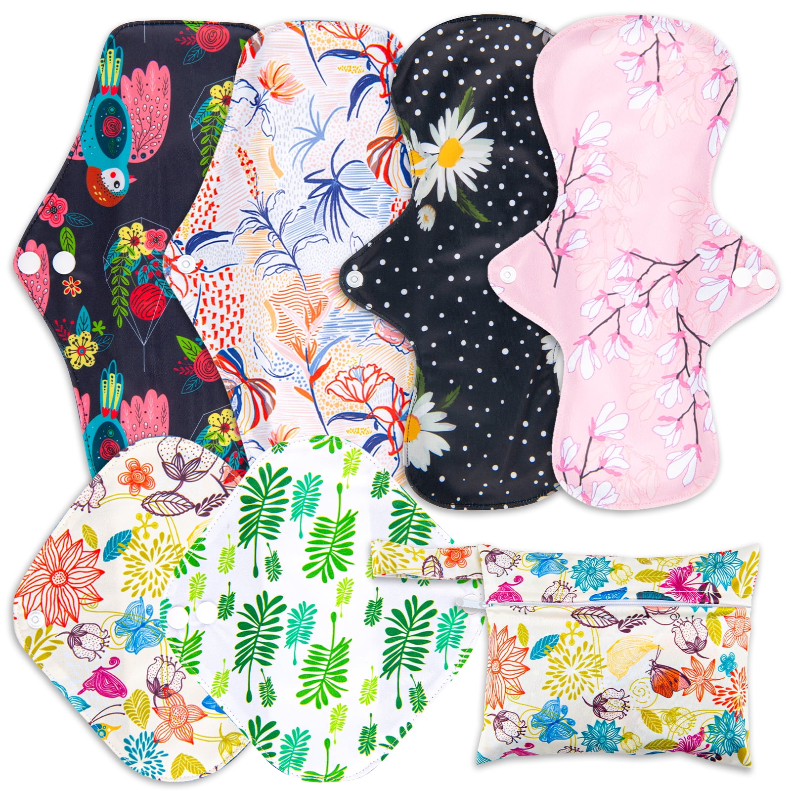 7 in 1 Reusable Menstrual Pads，6 PCs Sanitary Pad Set with Wings Waterproof  Washable Sanitary Menstrual Cloth Pads Panty Liners for Women