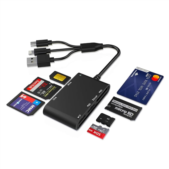 7-in-1 Smart Card Reader with 3-Port Connectivity Lightning/USB-C/USB-A Military CAC & PIV Card Reader SD/TF/MS Duo/M2/IC/SIM Adapter for Windows/macOS/Linux Plug and Play