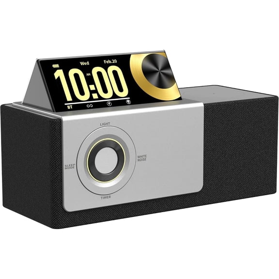 7 in 1 Speaker Station for | Sound with Punchy Bass, Sunset Lamp & White Noise for Sleep, Flip-Up LCD Display, Clock Syncs Phone's Time and Date