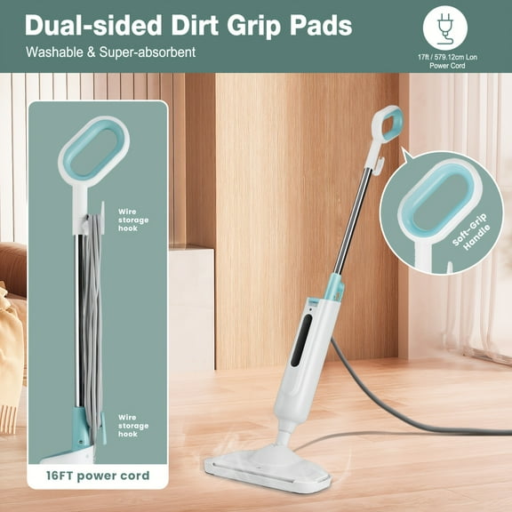 7-in-1 Steam Mop & Detachable Handheld Steamer - 30s Fast Heat-Up, 3 Adjustable Steam, Powerful Cleaner for Hardwood/Carpet/Laminate/Tiles/Walls - Carpet Glider + 2 Washable Microfiber Pads