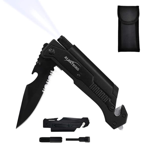 7-in-1 Tactical Survival Knife - Glass Breaker, Seatbelt Cutter, Serrated Steel Blade, Firestarter, LED Flashlight, Bottle Opener & Pouch | Military, Emery, Outdoor Rescue ar ()
