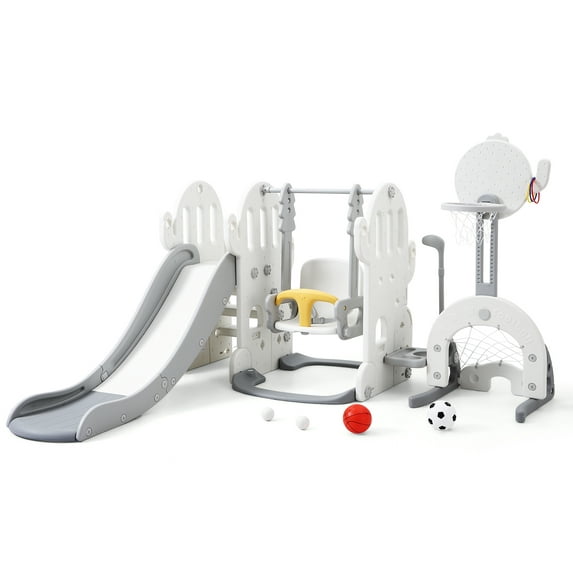 7-in-1 Toddler Slide and Swing Set, Kids Slide for Toddlers Age 1+, Toddler Outdoor Playset with Basketball Hoop, Football Frame, Swing, Outdoor Indoor Playground for Toddlers 1-3