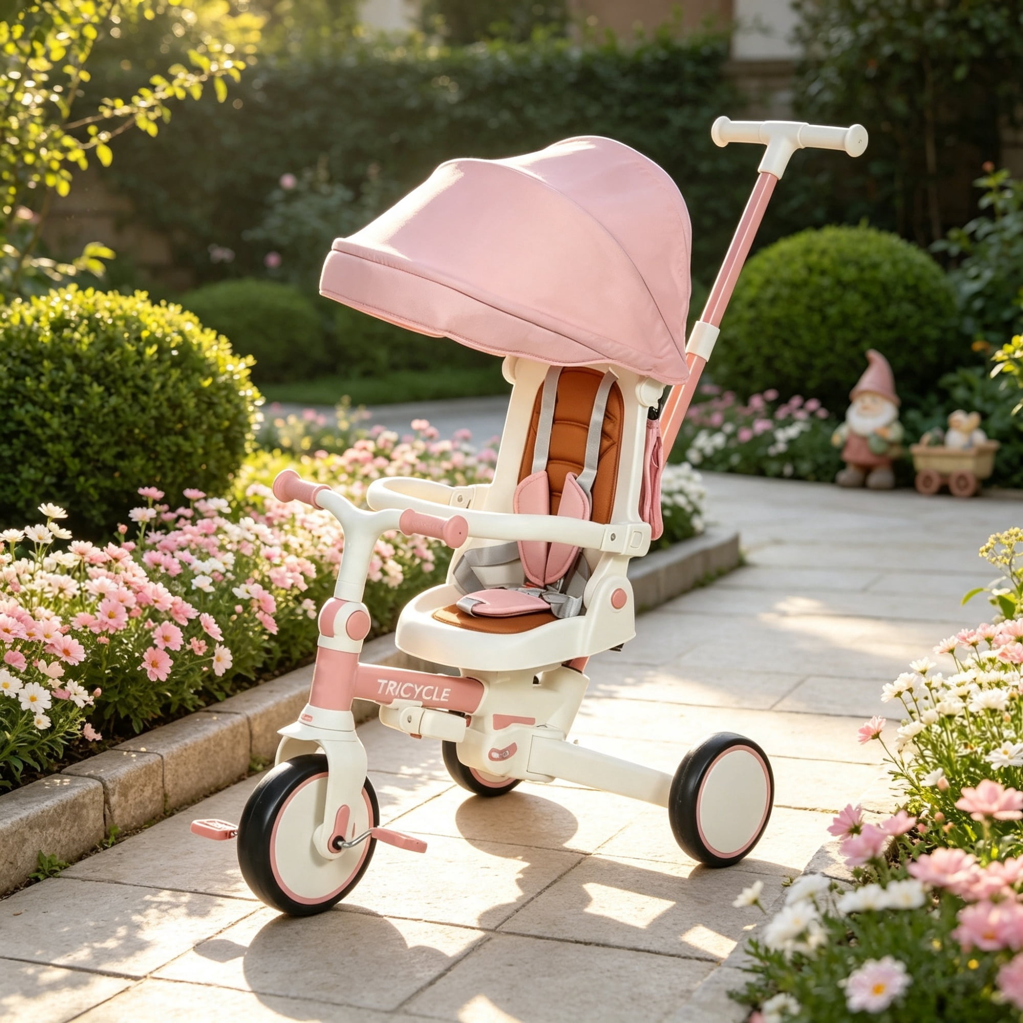 7 in 1 Toddler Tricycle Stroller, for 1-5 Years Old, Adjustable Push Handle, Rotatable Seat, Detachable Canopy, Pink