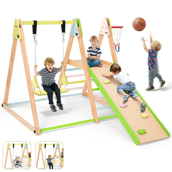 7-in-1 Toddlers Triangle Climbing Toys Set with 2 Swings, Foldable Wood Montessori Climber Kids Indoor Outdoor Playground Jungle Play Gym for Boys Girls