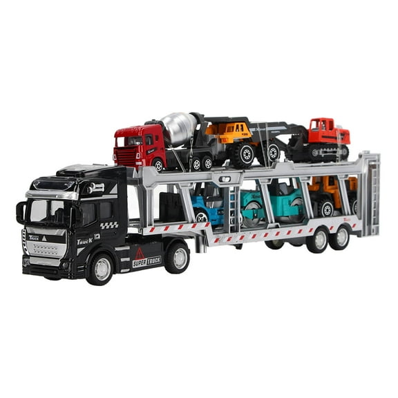 7 in 1 Transport Truck Toy Pull Back Function Carrier Truck Model Toy with 6 Small Engineering Vehicles 12.6in with Classic Engineering Car