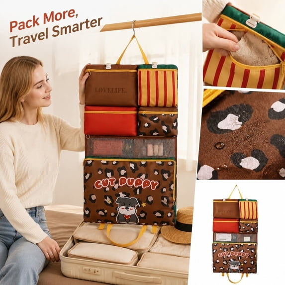7 in 1 Travel Packing Cubes Hanging Toiletry Bag Luggage Organizer for Underwear Clothes Large Capacity
