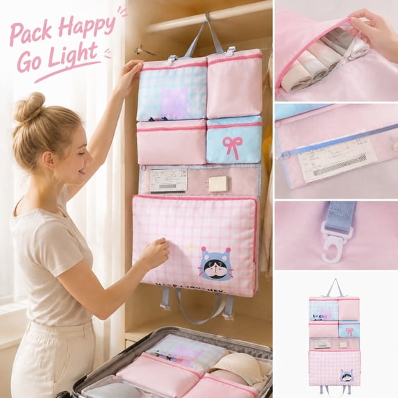 7 in 1 Travel Packing Cubes Hanging Toiletry Bag Luggage Organizer for Underwear Clothes Large Capacity