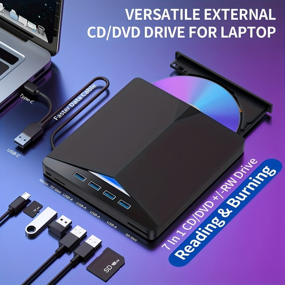 7-in-1 USB 3.0 External Optical Drive with 4 USB Ports and SD TF Card Reader, High Speed CD DVD Writer Compatible with Laptop, Mac and PC, Plug and Play for Windows and Linux Systems
