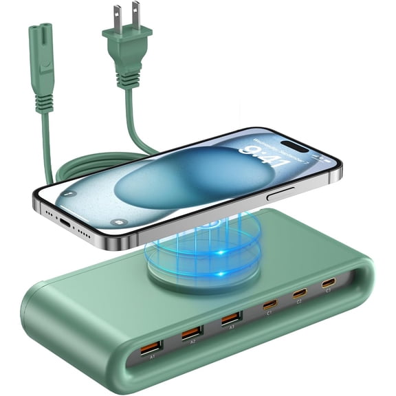 7-in-1 USB C Charging Station, 135W GaN 3.0 with 45W PD USB-C, 18W QC3.0 USB-A & 10W Magnetic Wireless Charger, Charge 7 Devices Simultaneously for iPhone 12-16//MacBook/AirPods