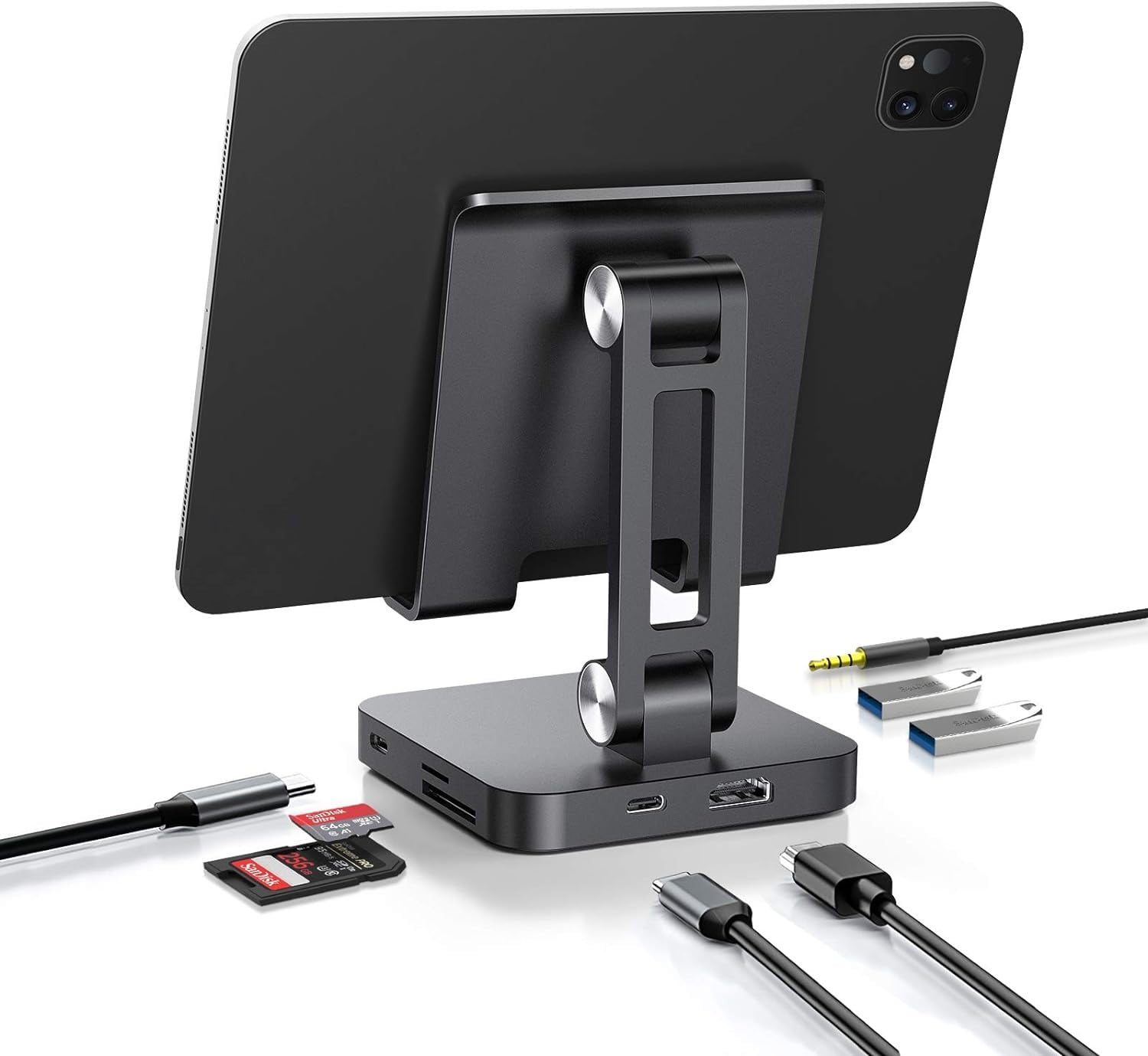 7-in-1 USB C Hub Stand: 4K@30Hz HDMI, 100W Power Delivery, Micro SD Card Reader, 5Gbps USB 3.0, Headphone Jack - Adjustable Type C Hub for iPad Pro, Mac, Chromebook, Tablet, and Phone