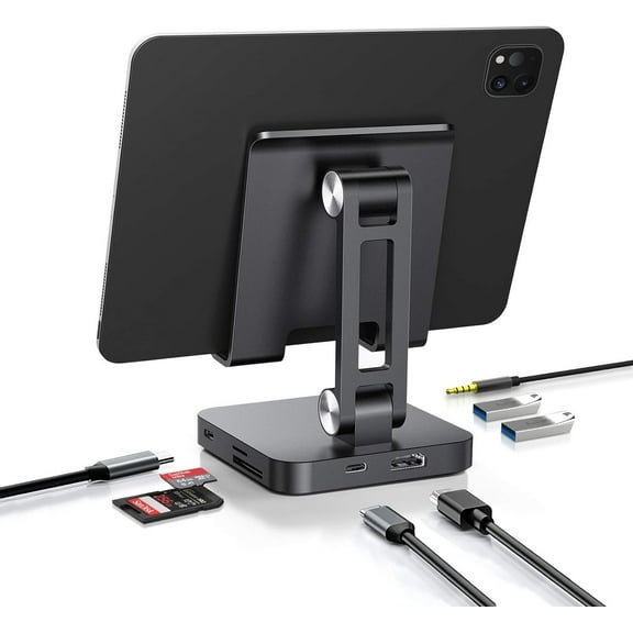 7-in-1 USB C Hub Stand: 4K@30Hz HDMI, 100W Power Delivery, Micro SD Card Reader, 5Gbps USB 3.0, Headphone Jack - Adjustable Type C Hub for iPad Pro, Mac, Chromebook, Tablet, and Phone