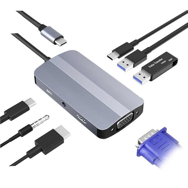 7-in-1 USB C Hub USB Type C to USB 3.0 2.0 USB C PD VGA HD 3.5mm Audio Adapter