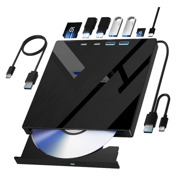 7-in-1 USB3.0 Type-C Portable External Blu-Ray DVD CD +/-RW Drive 100G Disc Burner - Silent & Shockproof Tech