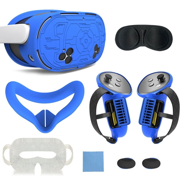 7-in-1 VR Headset Accessory Kit for Meta Quest 3 - Controller Grips, Hand Strap, Silicone Face Cover & Lens Protector Set-Blue