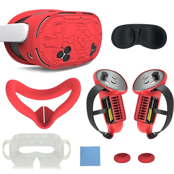 7-in-1 VR Headset Accessory Kit for Meta Quest 3 - Controller Grips, Hand Strap, Silicone Face Cover & Lens Protector Set-Red